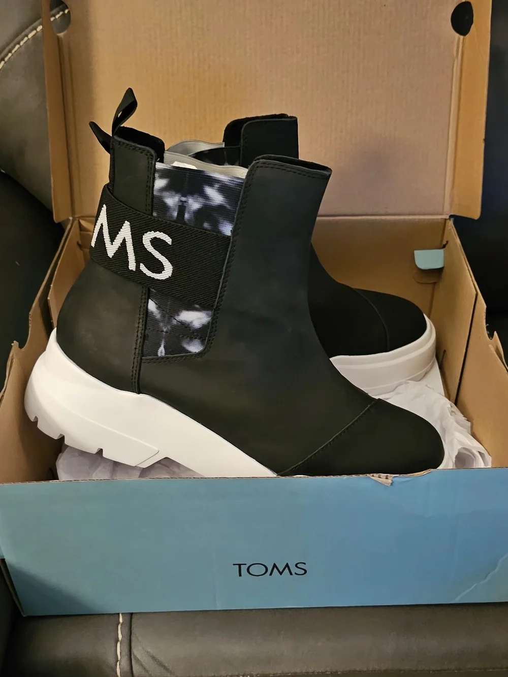 New Toms Black Ankle Booties with White Platform Sole